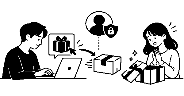 匿名でオンラインギフトを贈る流れを表す白黒フラットイラスト
