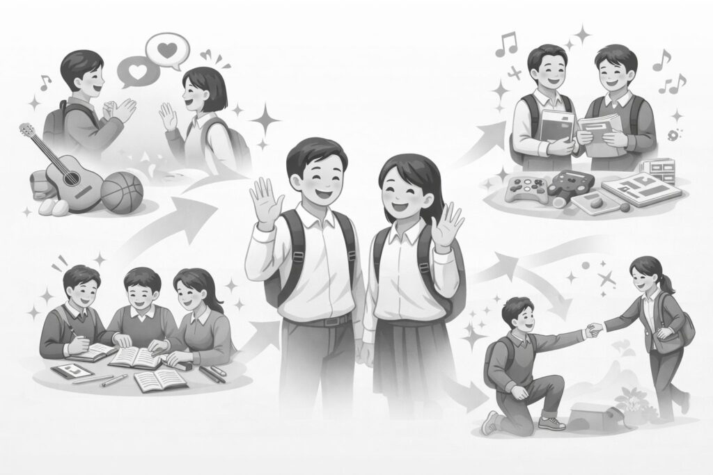 学校で友達作りの白黒アイキャッチ