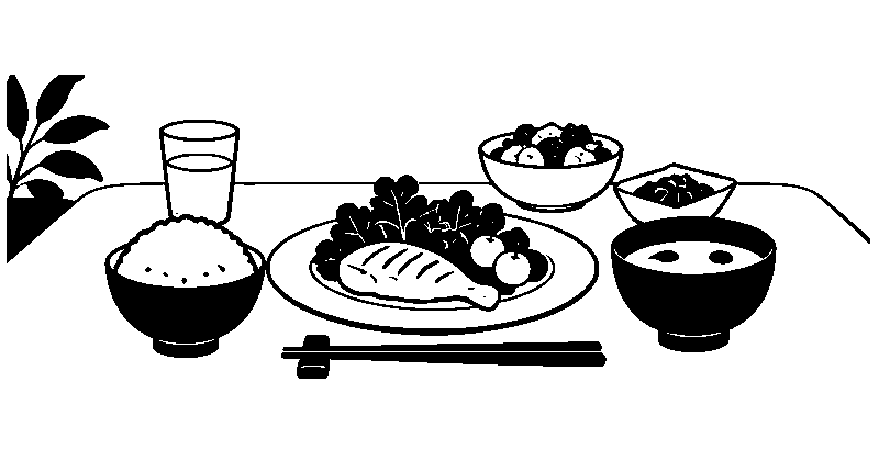 食事と栄養を表す白黒フラットイラスト